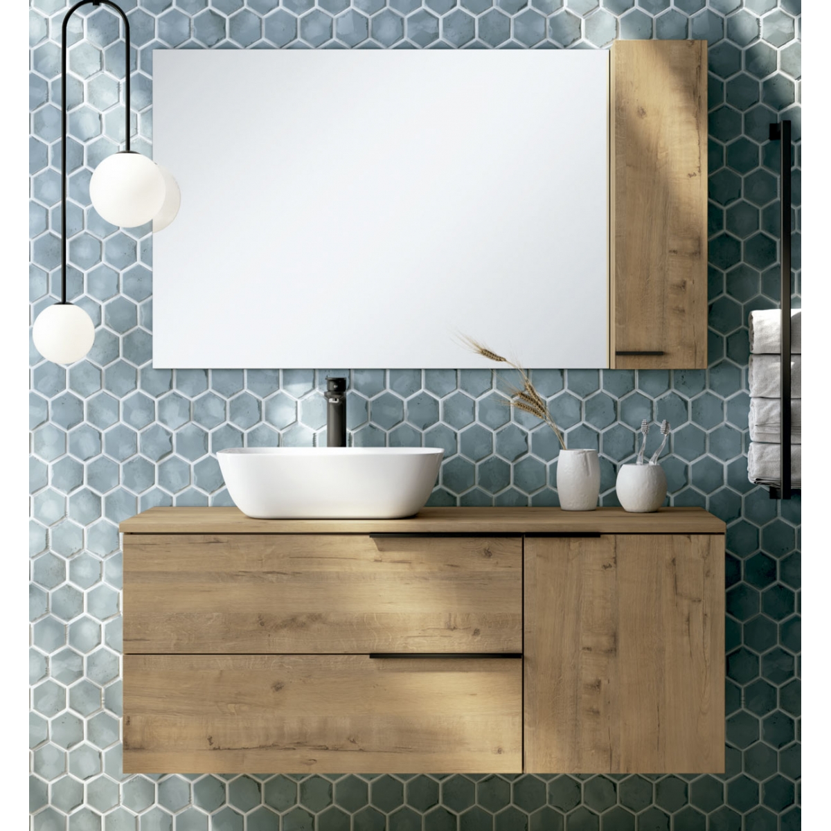 Detalhes de Oban Móvel de casa de banho suspenso de 100 cm de largura na cor Carvalho Otippo com lavatório integrado