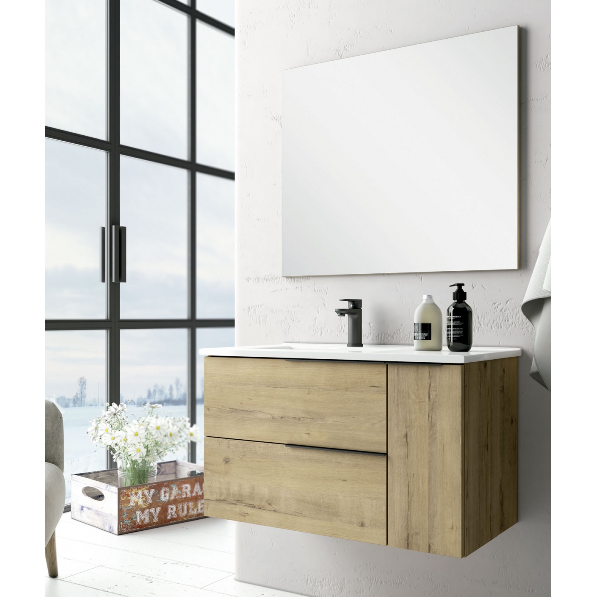 Fotografias de ambiente do móvel de casa de banho suspe5nso Oban de 100 cm de largura na cor carvalho Otippo com lavatório integ