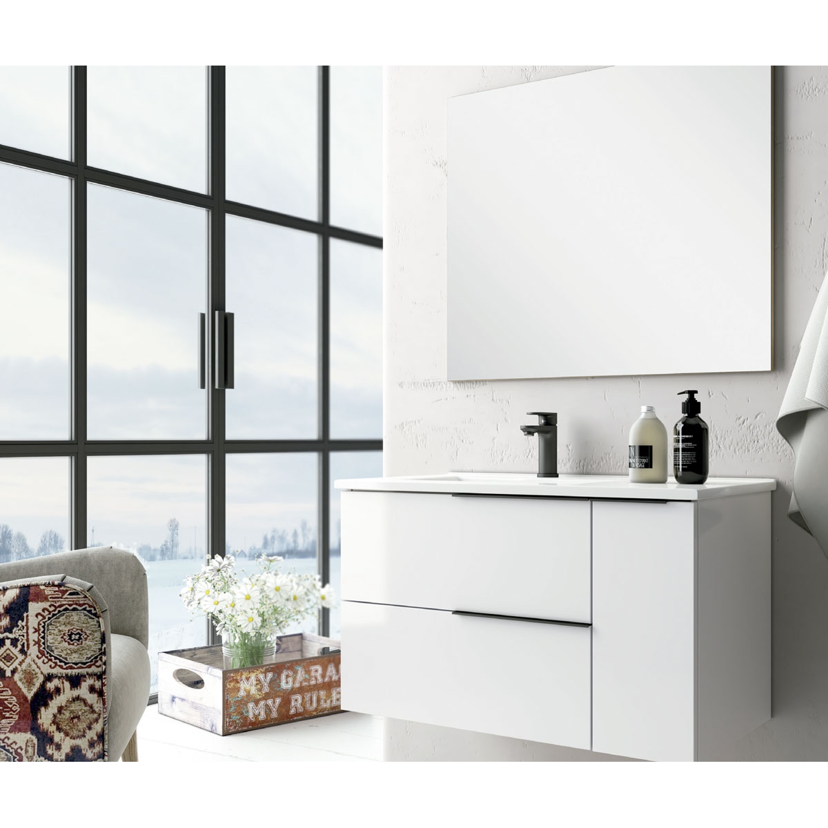 Fotos de ambiente do móvel de casa de banho suspenso Oban 120 cm de largura Lacado Branco com lavatório integrado [54973].