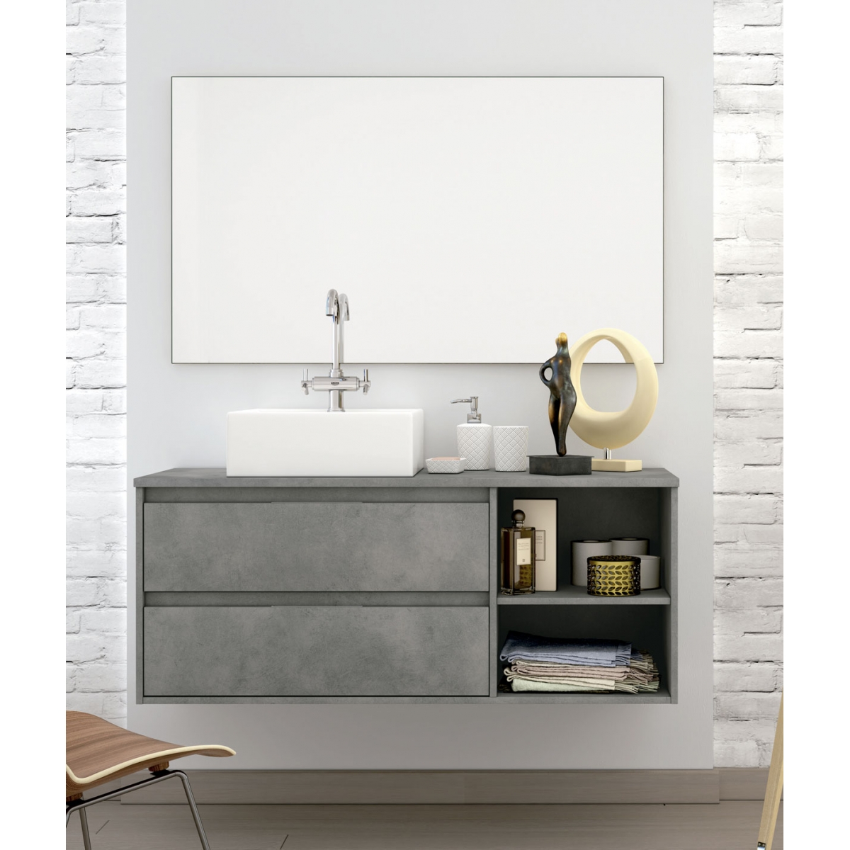 Detalle de Mueble de baño suspendido Dover de 80 cm de ancho color Cemento con lavabo integrado