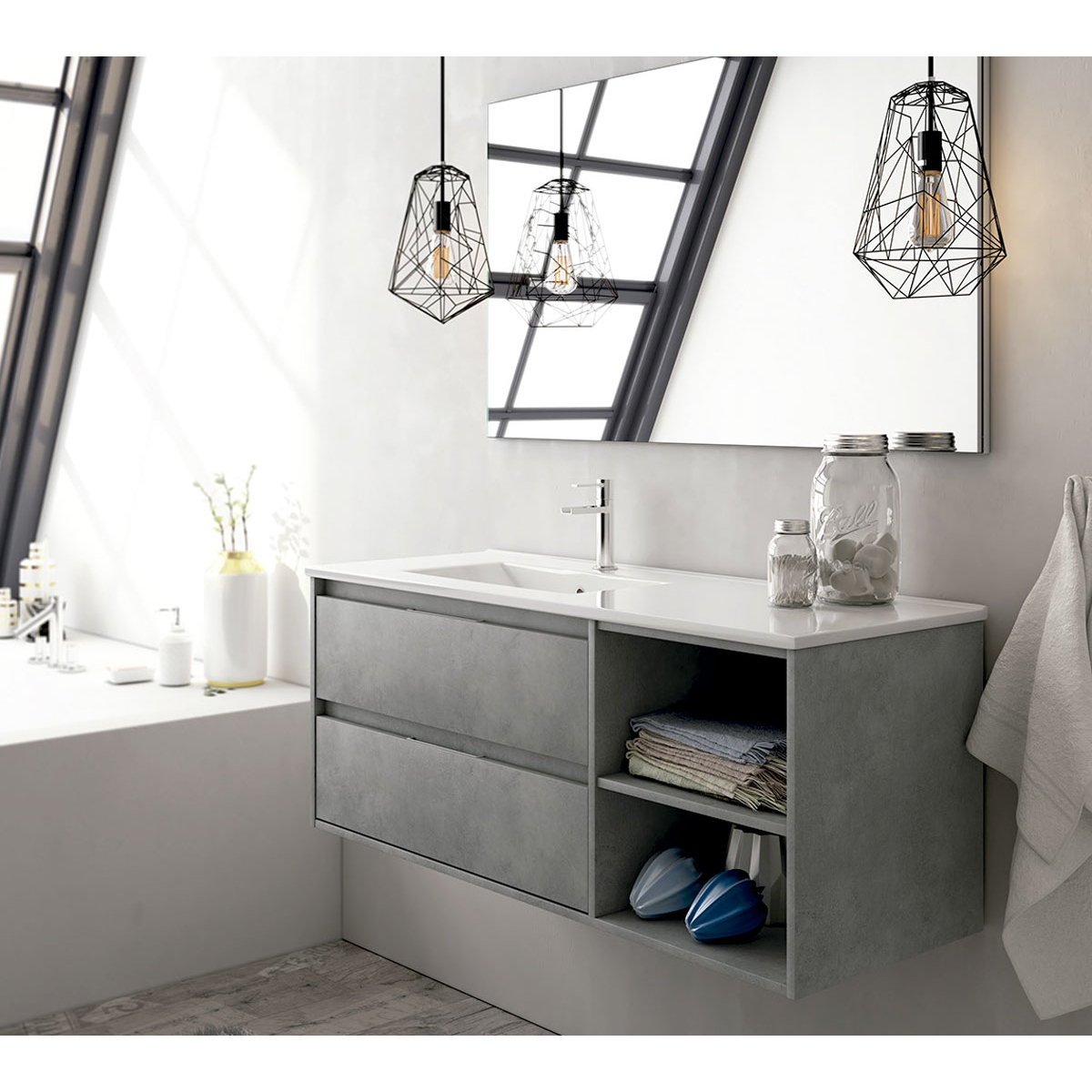 Fotografias de a6mbiente do móvel de casa de banho suspenso Dover de 120 cm de largura na cor Cimento com lavatório integrado [5