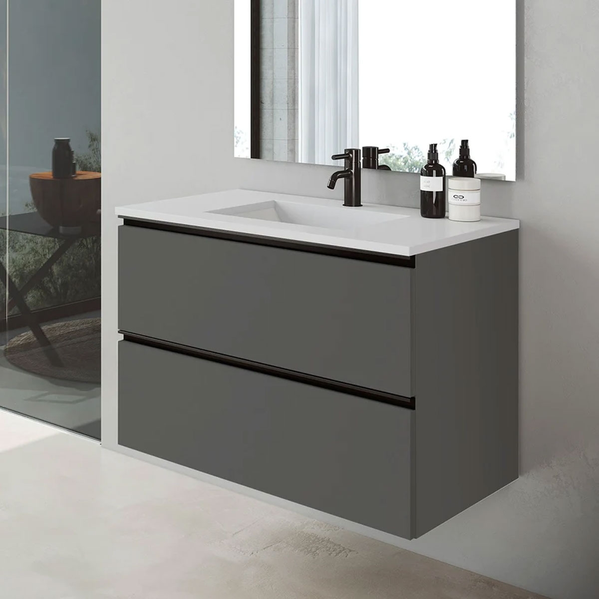 Móvel de casa de banho suspenso Granada2 de 60 cm com lavatório integrado cor de cinza