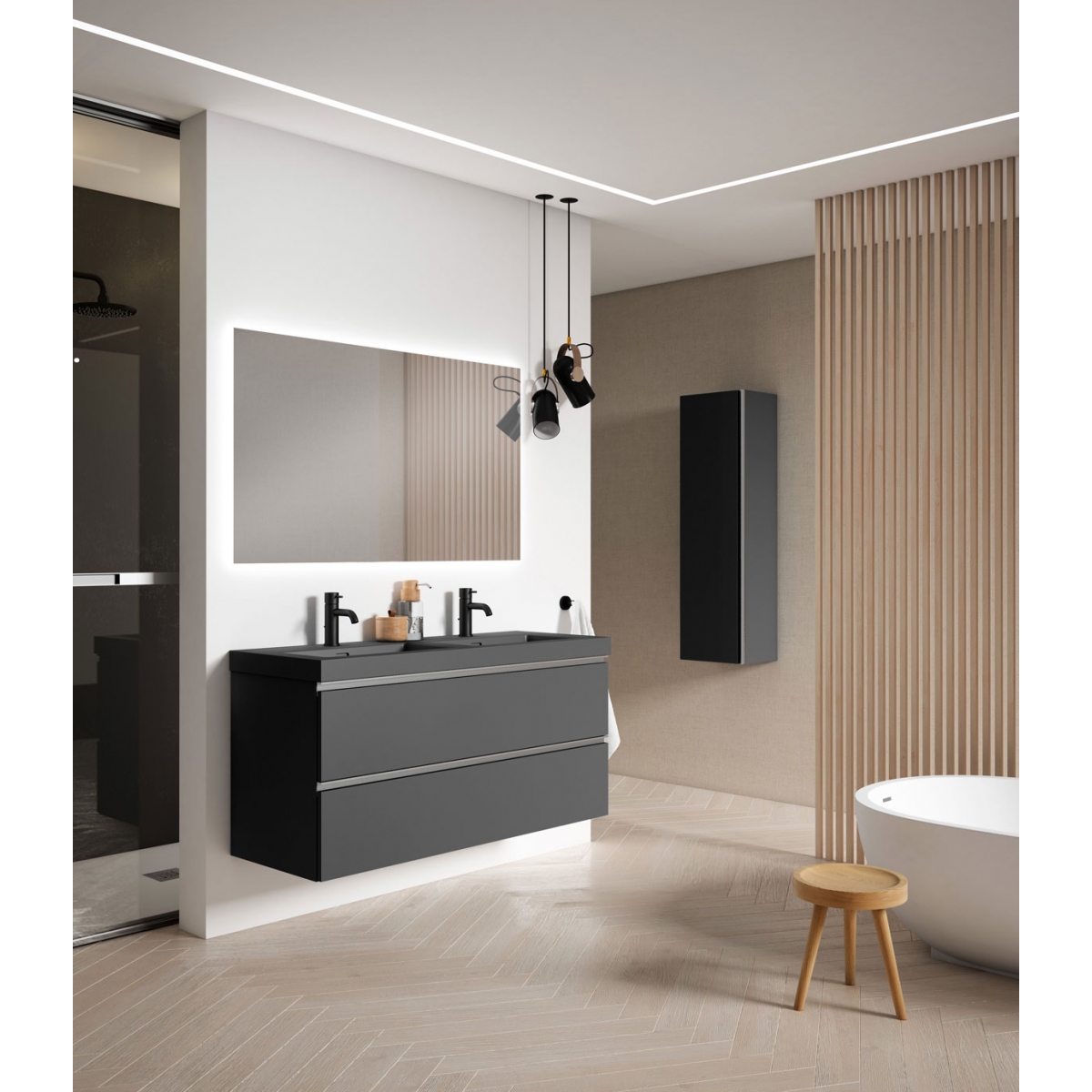 Móvel de casa de banho suspenso de 60 cm com lavatório integrado em cor de cinza Modelo Granada3