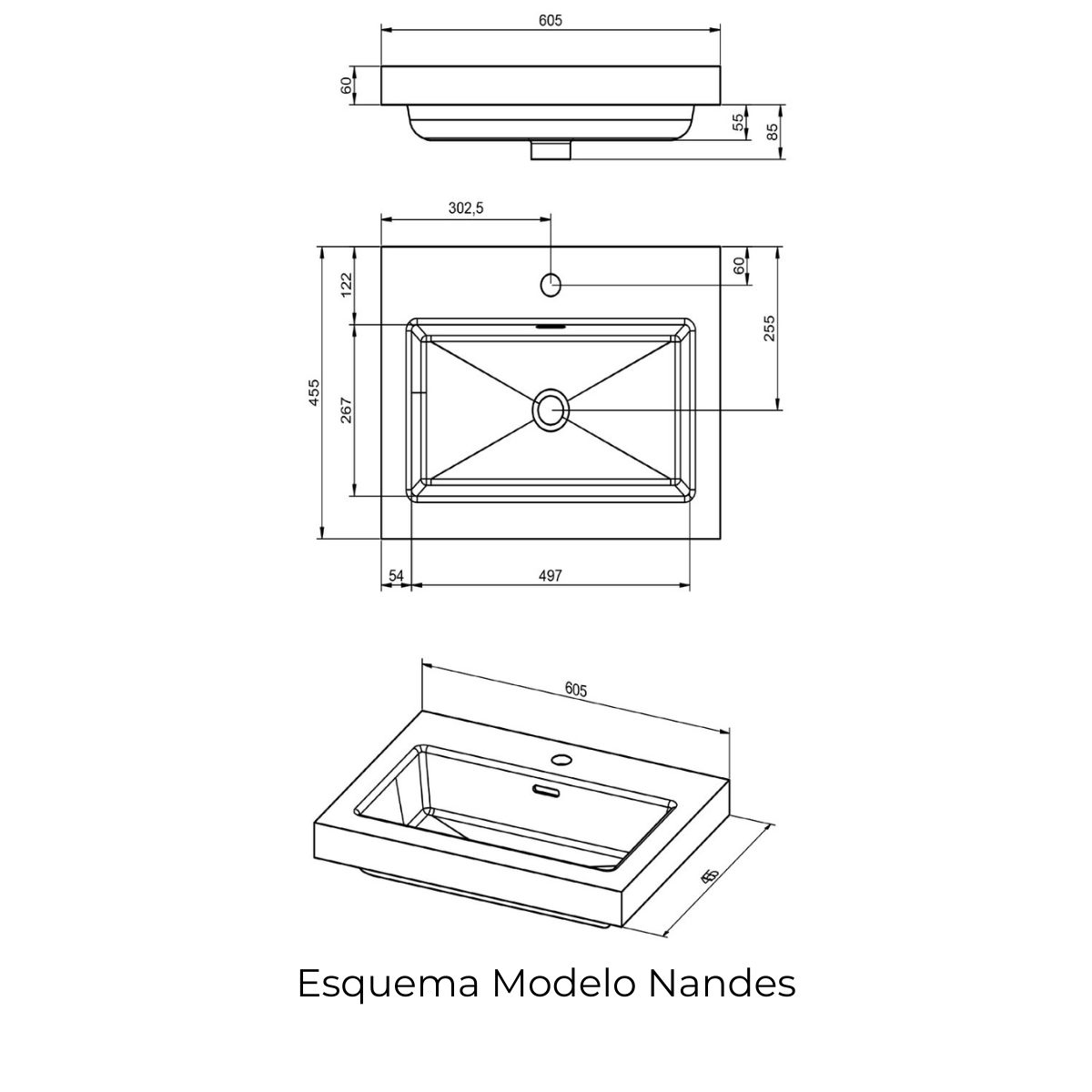 Móvel de casa de banho suspenso de 60 cm com lavatório integrado em acabamento azul-marinho Modelo Granada6