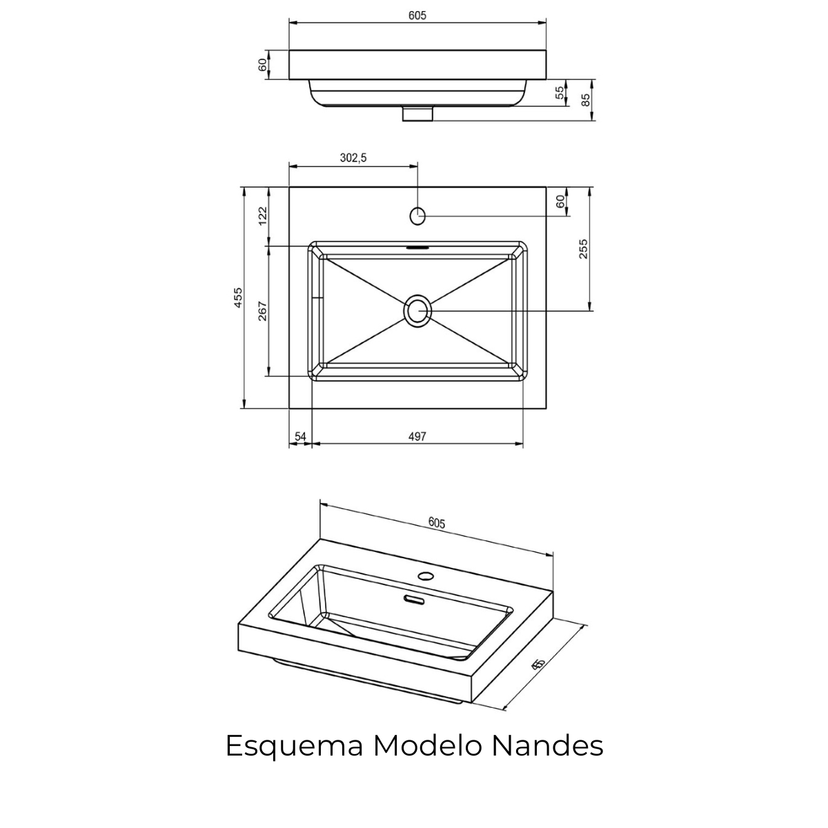 Móvel de casa de banho suspenso de 60 cm com lavatório integrado em acabamento de algodão Modelo Granada0