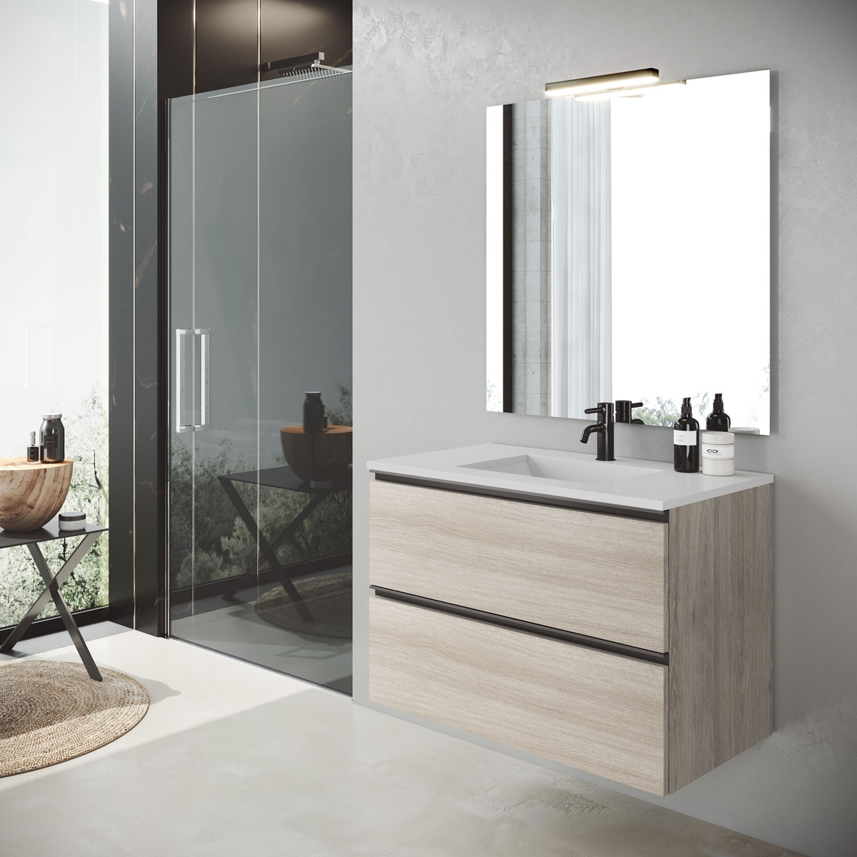 Móvel de casa de banho suspenso de 80 cm com lavatório integrado em acabamento cru Modelo Granada7