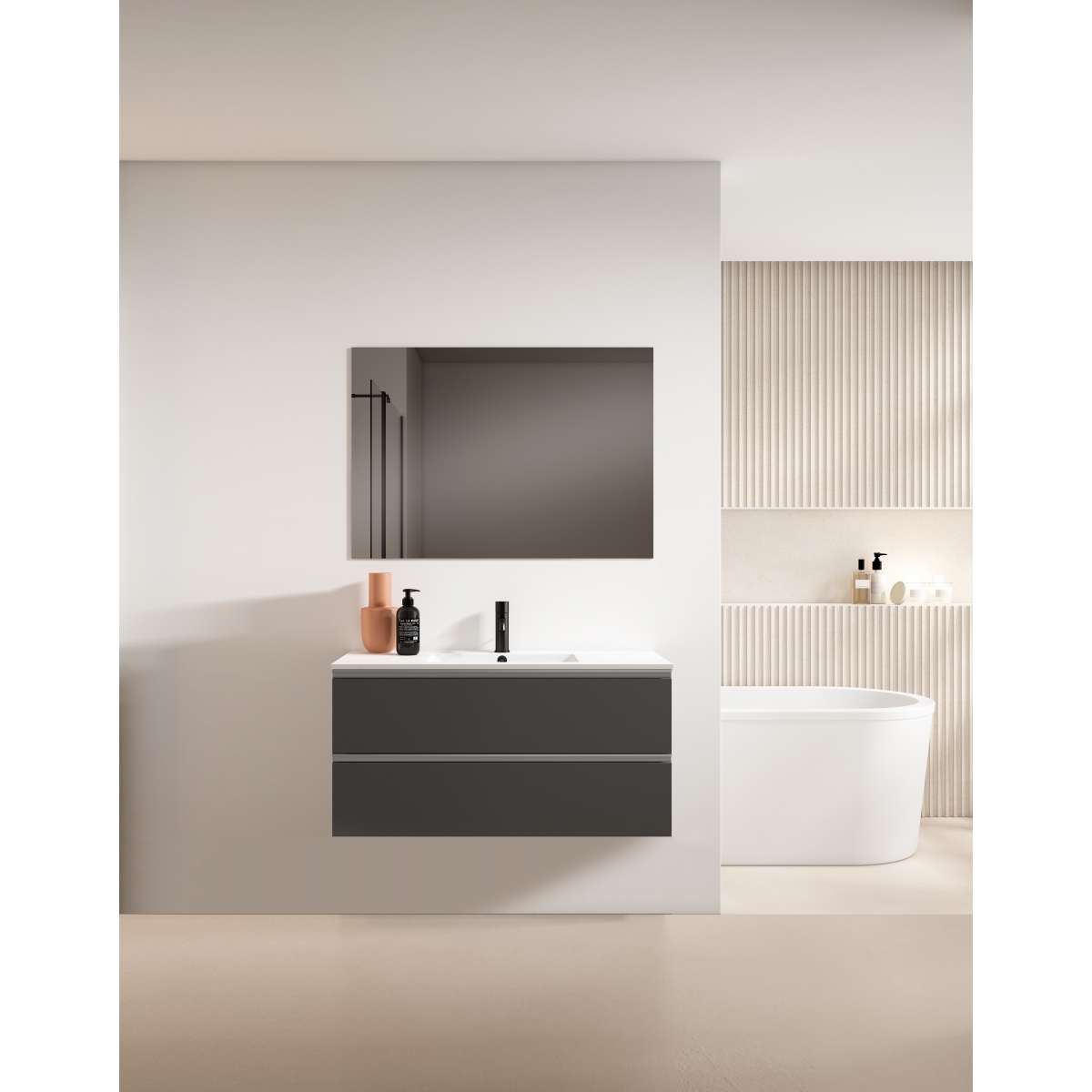 Mueble de baño suspendido de 80 cm con lavabo sobre encimera color ceniza Modelo Granada4