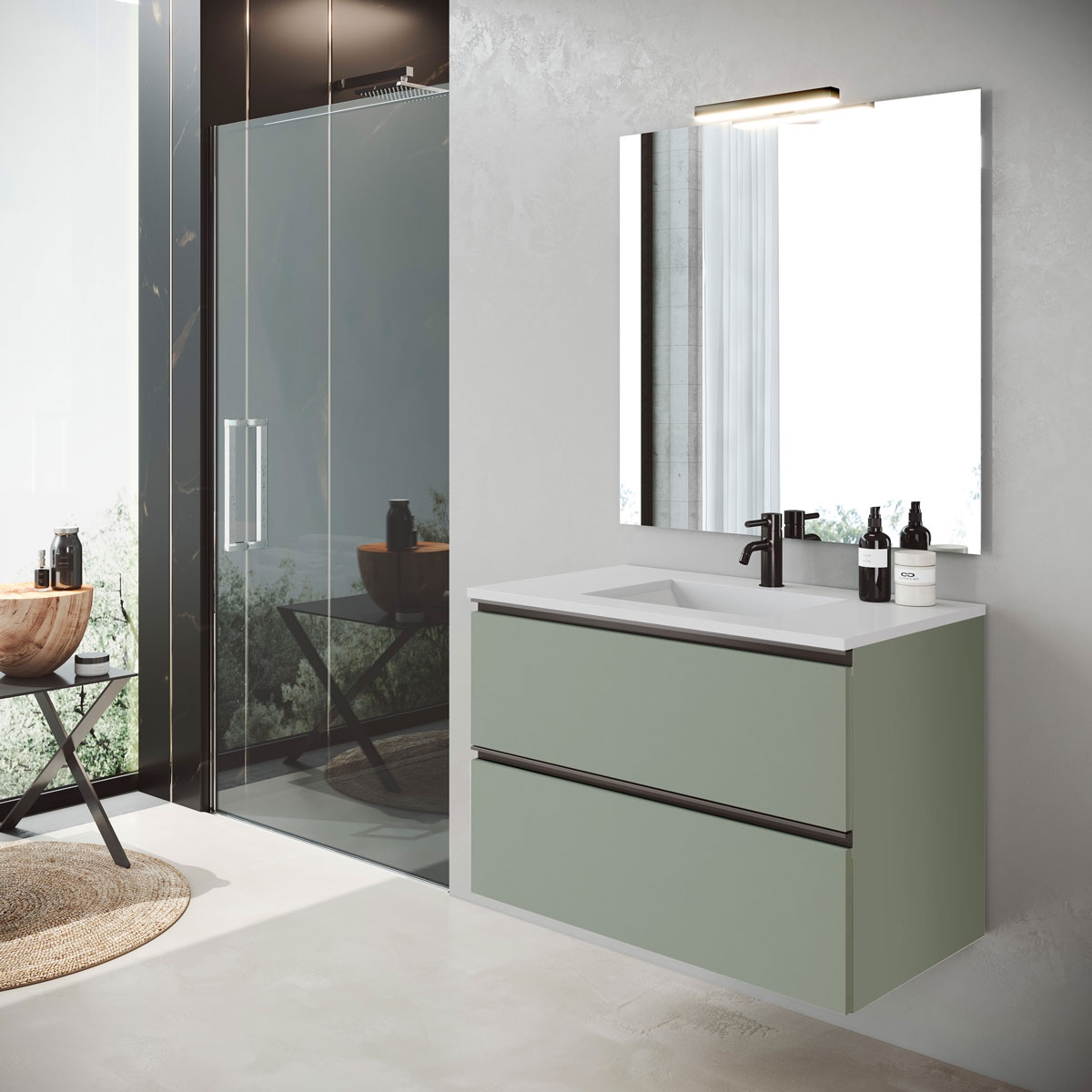 Mueble de baño suspendido de 100 cm con lavabo integrado color musgo Modelo Granadaw