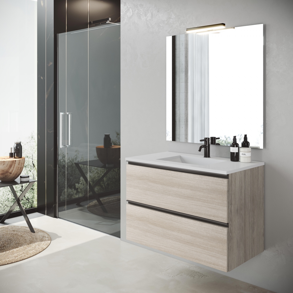 Mueble de baño suspendido de 100 cm con lavabo integrado acabado crudo Modelo Granadaw