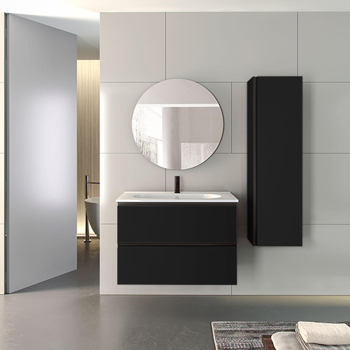 Móvel de casa de banho suspenso de 100 cm com lavatório integrado em acabamento preto Modelo Granadaq