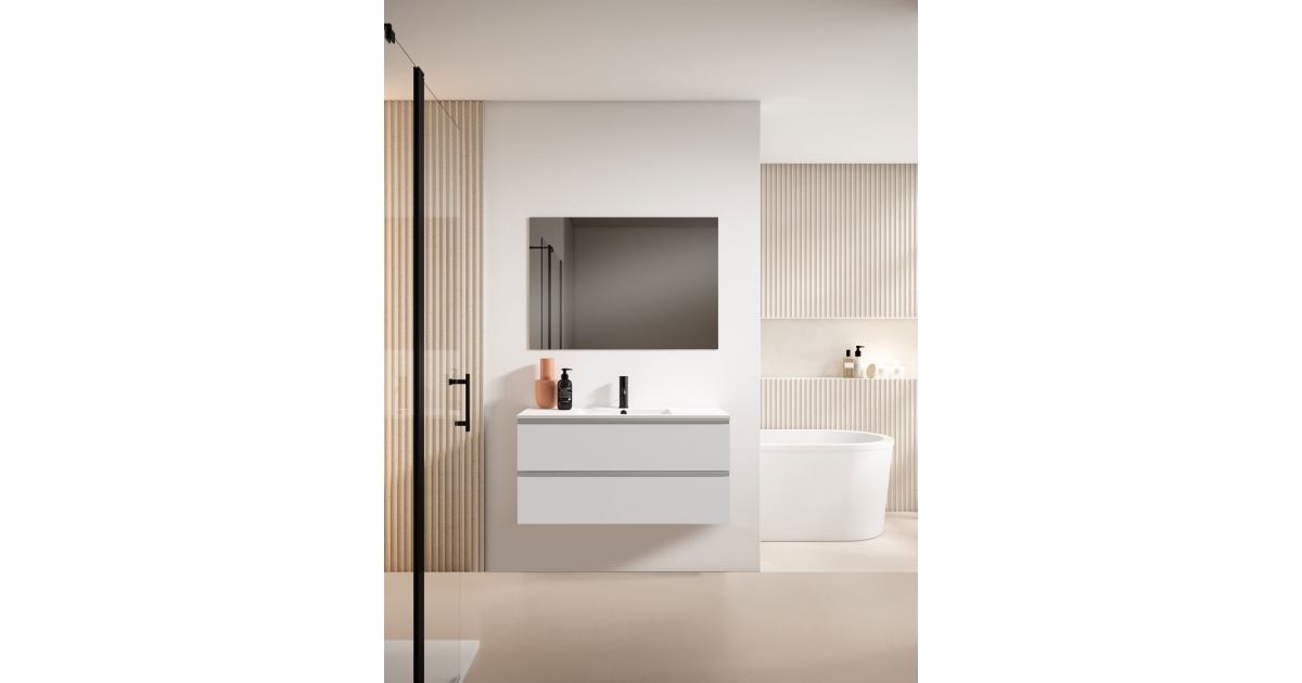 Baño completo suspendido con base de espejo de 120 LED y 2 lavabos exentos  - RIO Rosa Polvere - 012630