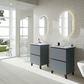 Foto de Móvel de casa de banho de chão de 60 cm com 2 gavetas e lavatório integrado na cor Avio Modelo Granada