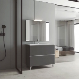 Móvel de casa de banho de 60 cm, de chão, com 2 gavetas e lavatório integrado em cor de cinza Modelo Granada