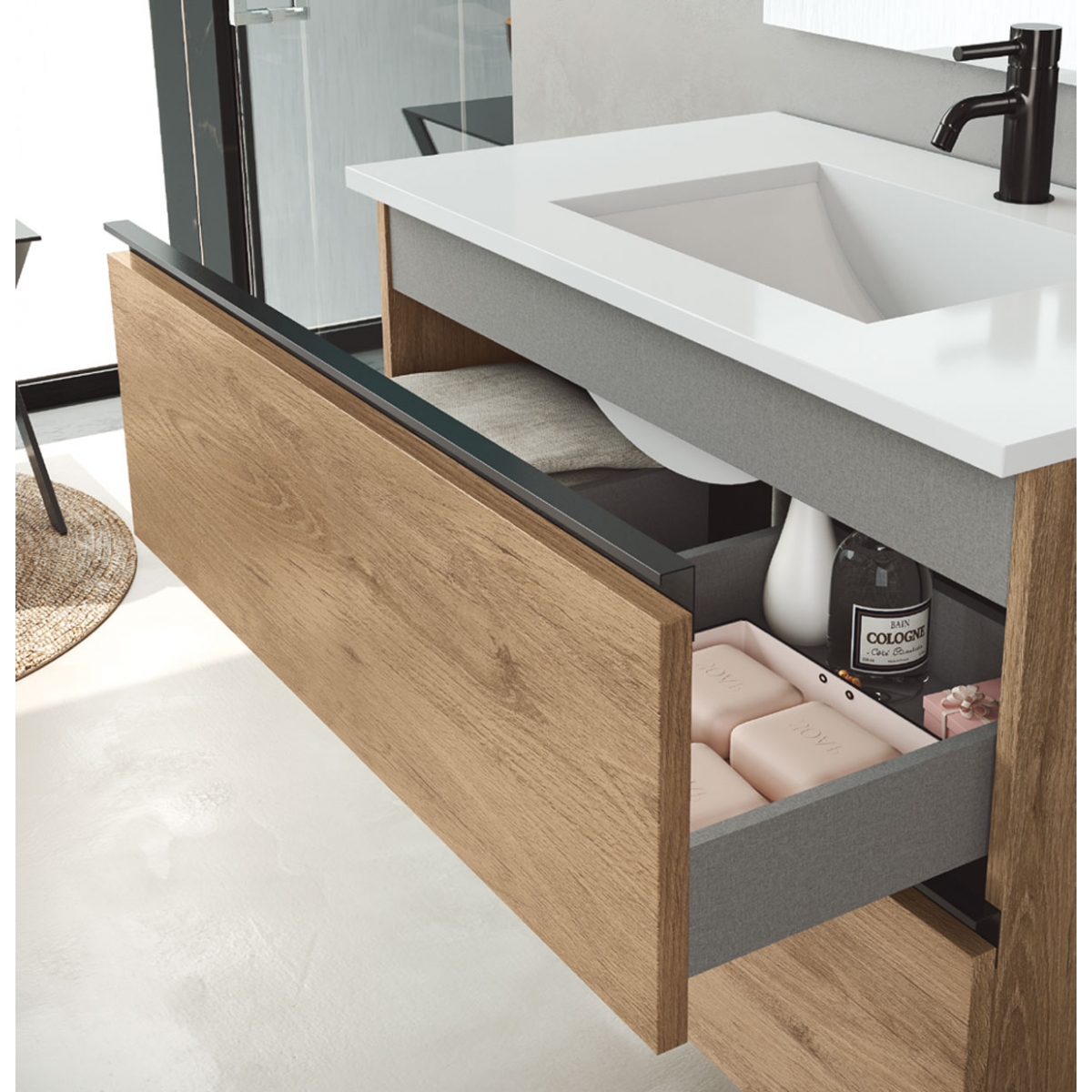 Móvel de casa de banho de chão de 60 cm com lavatório integrado em acabamento canela Modelo Granadaw