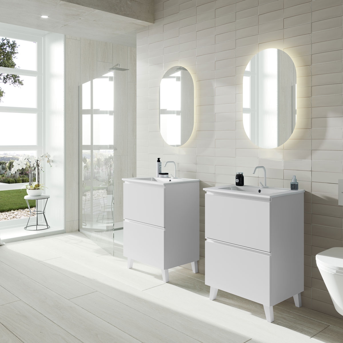 Mueble de baño con lavabo y columnas, 80 cm, color natural y blanco, ARUBA