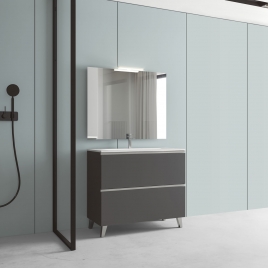 Móvel de casa de banho de chão de 100 cm com 2 gavetas e lavatório integrado em cor de cinza Modelo Granada
