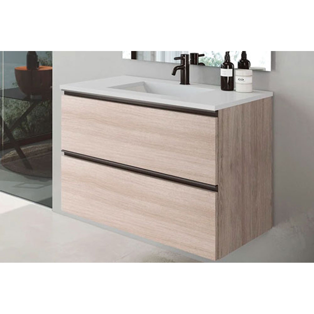 Mueble de baño de suelo de 100 cm con 2 cajones con lavabo sobre encimera acabado crudo Modelo Granada0