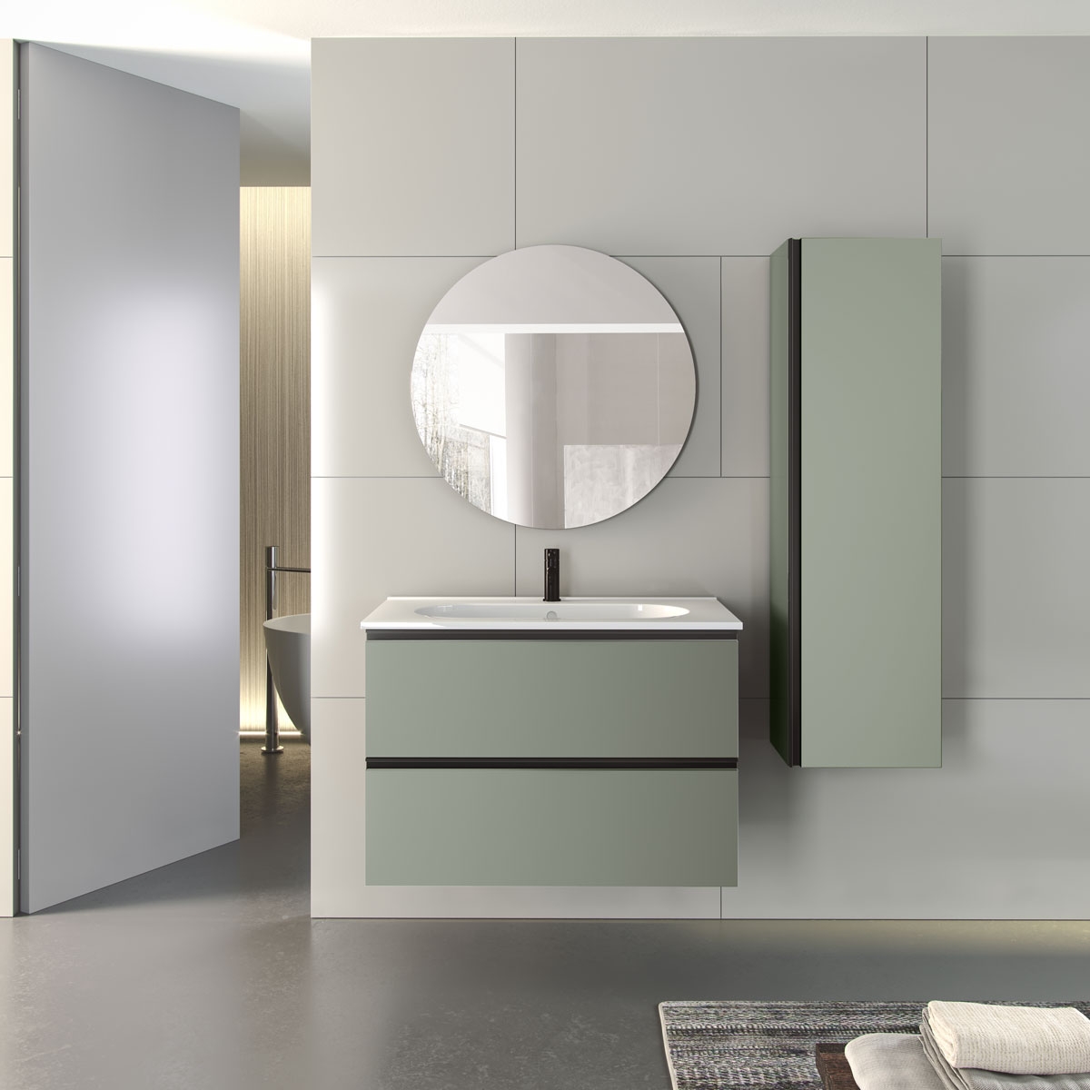 Armário de casa de banho de chão de 80 cm com 3 gavetas e lavatório integrado cor de musgo Modelo Granada9