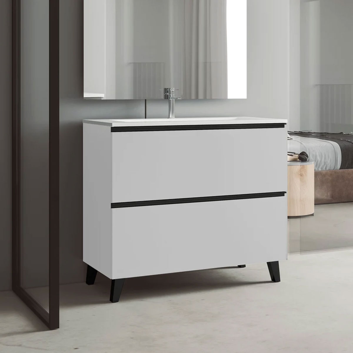 Mueble de baño de suelo de 80 cm con 3 cajones lavabo sobre encimera color Blanco Ada Modelo Granada8