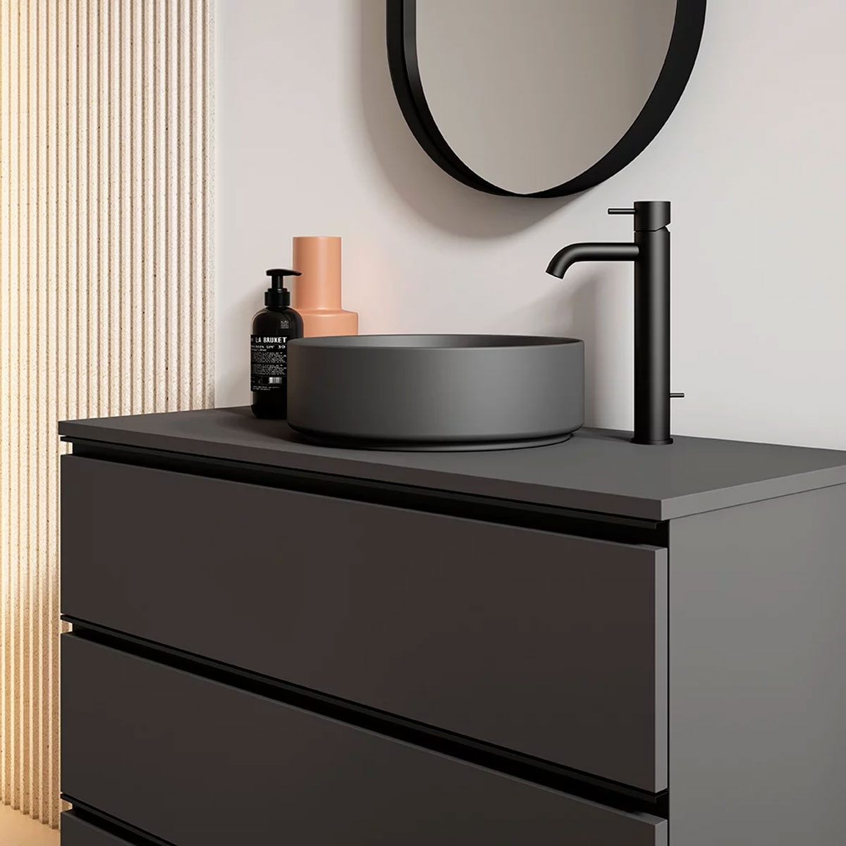 Mueble de baño de suelo de 60 cm con 3 cajones con lavabo sobre encimera acabado black Modelo Granada0