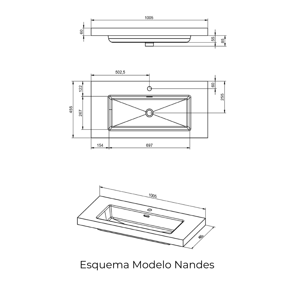 Móvel de casa de banho de chão de 100 cm com 3 gavetas e lavatório integrado em cor branca Ada Modelo Granada3