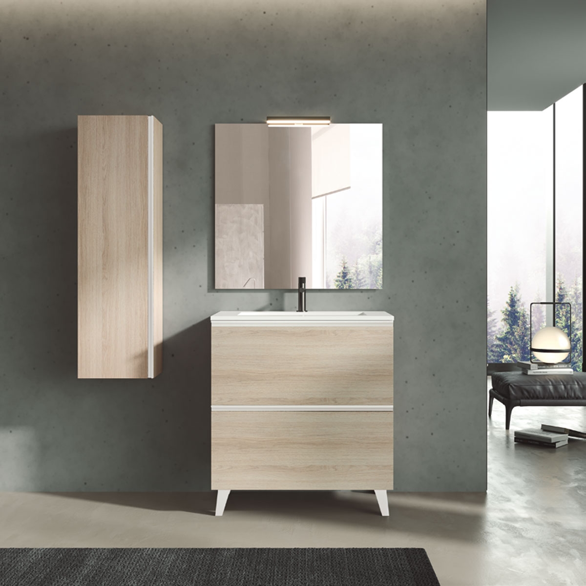Armário de casa de banho de chão de 100 cm com 3 gavetas e lavatório integrado em acabamento cru Modelo Granadas