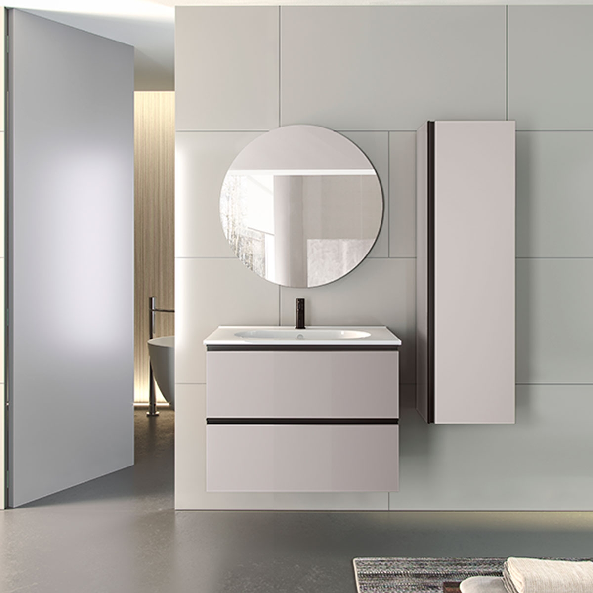 Armário de casa de banho de chão de 100 cm com 3 gavetas e lavatório integrado em acabamento de algodão Modelo Granada0