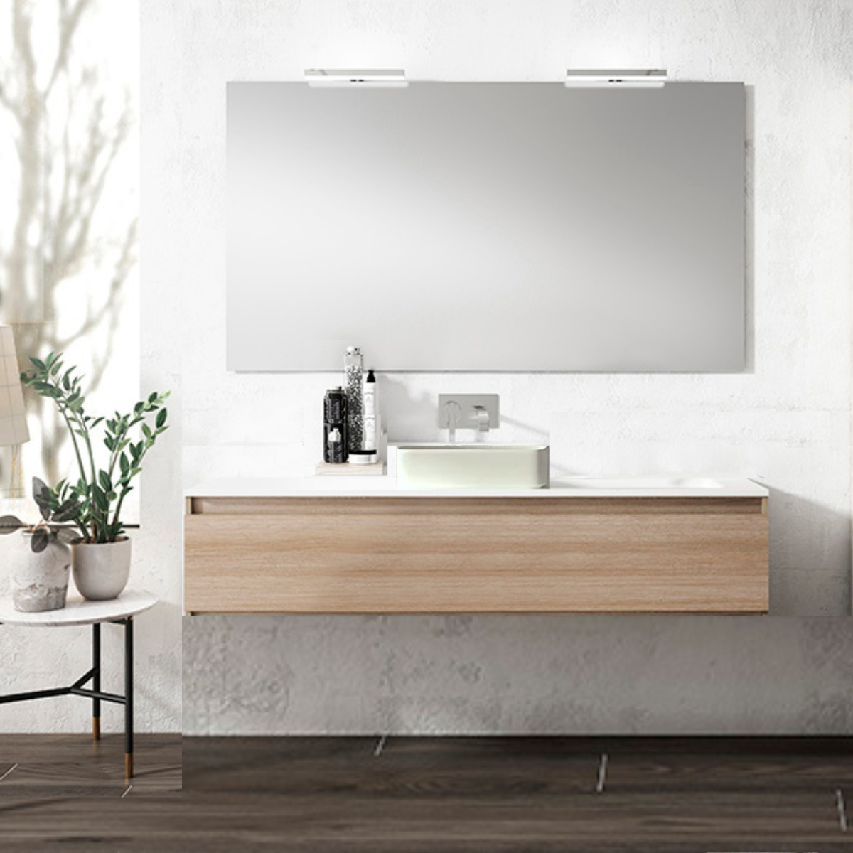 mueble de baño madera lavabo sobre encimera