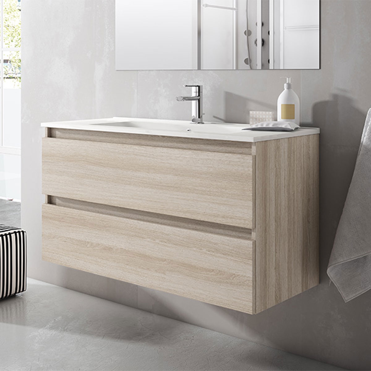 móvel de casa de banho com lavatório integrado em madeira clara
