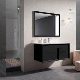 Móvel de casa de banho suspenso 2 gavetas com puxador de vidro e lavatório na cor preta Modelo Decor