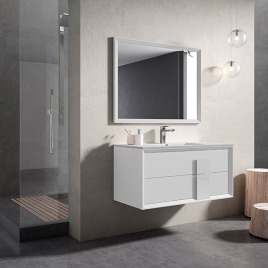 Móvel de casa de banho suspenso 2 gavetas com puxador de vidro e lavatório em cor branca Ada Model Decor