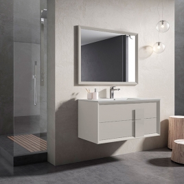 Foto de Móvel de casa de banho 2 gavetas com puxador de vidro e lavatório na cor Algodão Modelo Decor