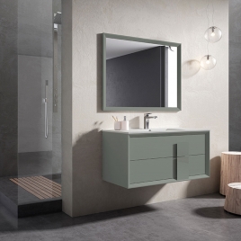 Foto de Móvel de casa de banho suspenso 2 gavetas com puxador de vidro e lavatório cor de musgo Modelo Decor