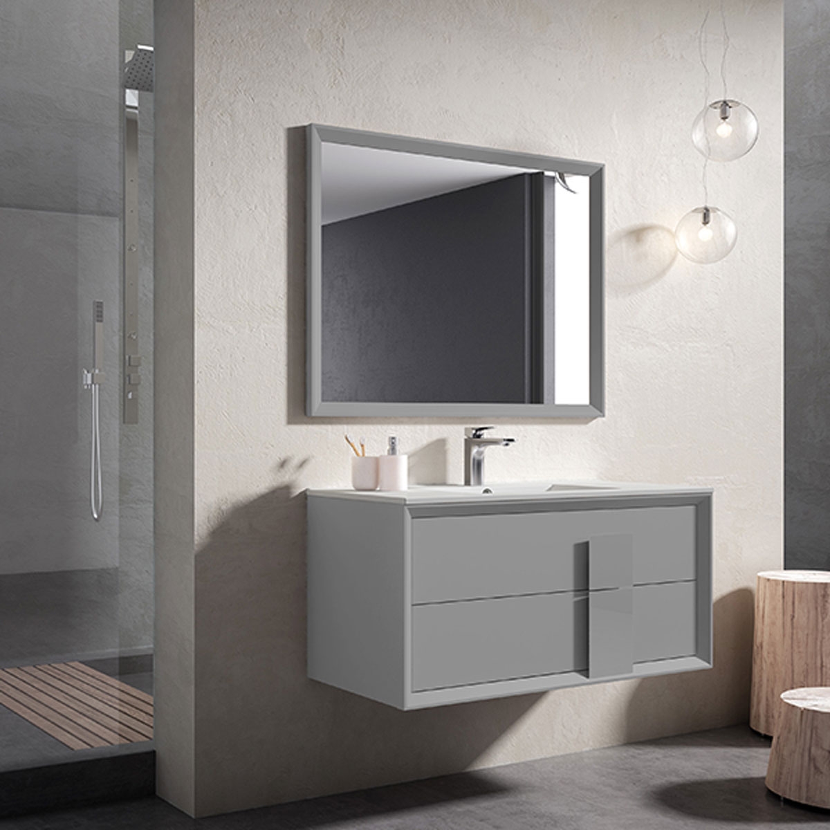 Mueble de baño suspendido de 60 cm con lavabo sobre encimera color griggio  Modelo Granada