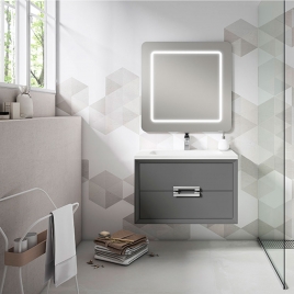 Foto de Móvel de casa de banho suspenso 2 gavetas com puxador e lavatório na cor cinza Modelo Decor