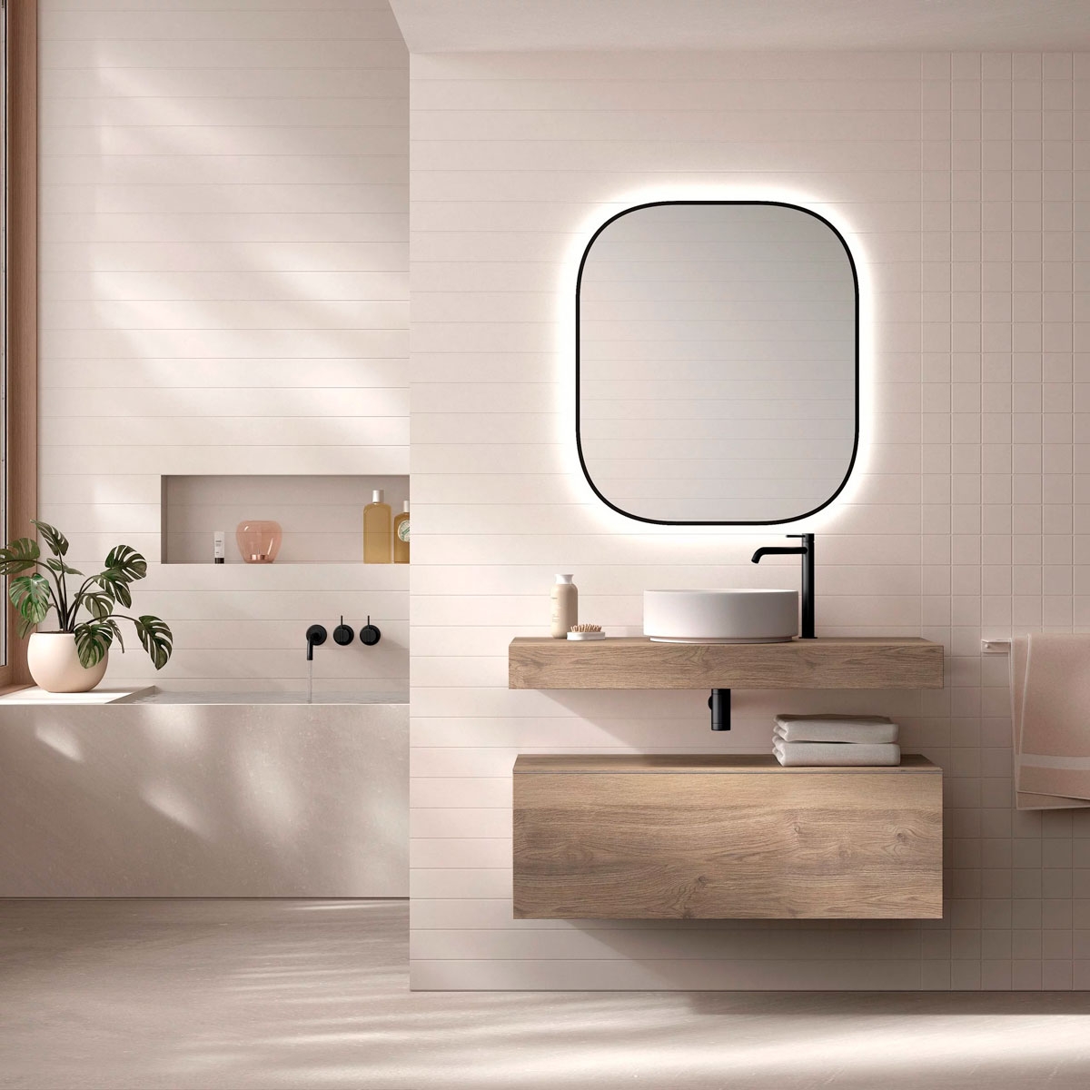 Mueble de baño con cajón y lavabo sobre encimera modelo nomad acabado Valenti1