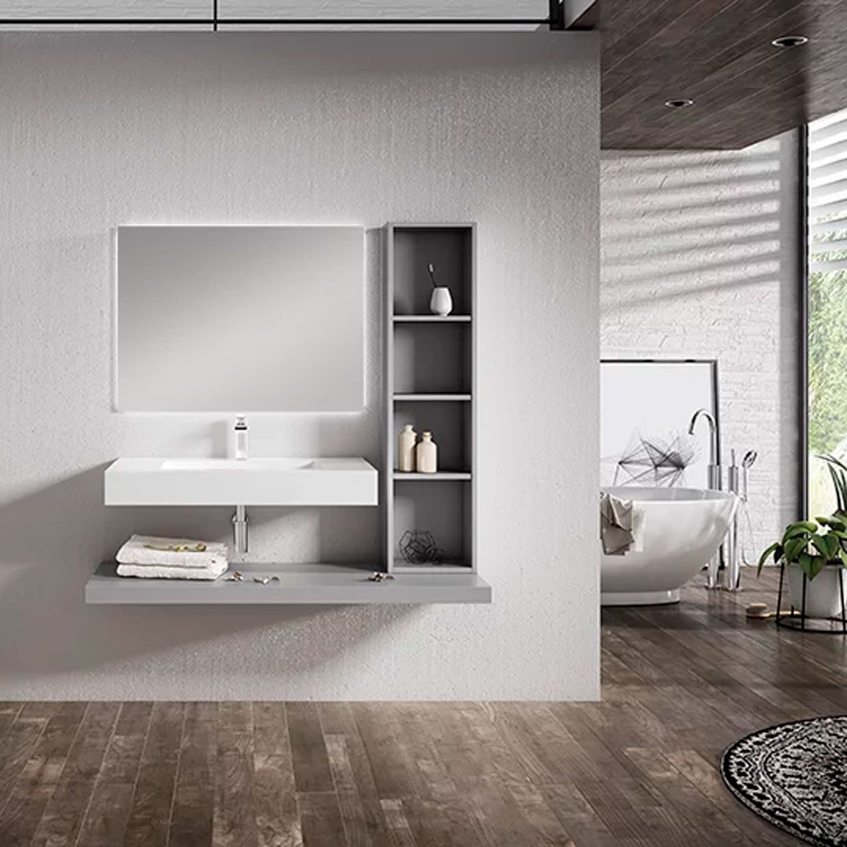 Mueble de baño con balda y lavabo sobre encimera modelo nomad acabado Valenti2