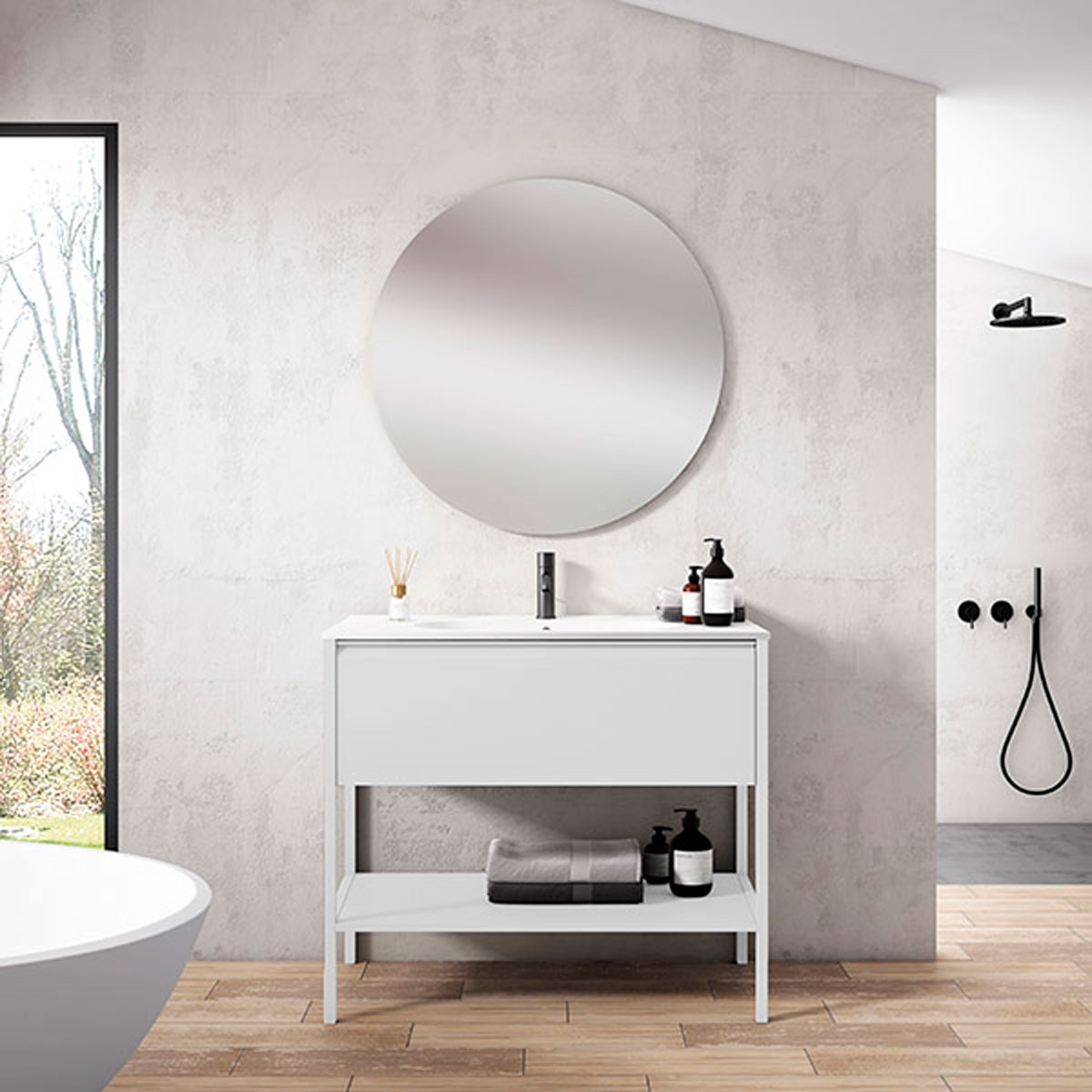 Móvel de casa de banho com 1 gaveta e 1 nicho com lavatório integrado Modelo Icon8