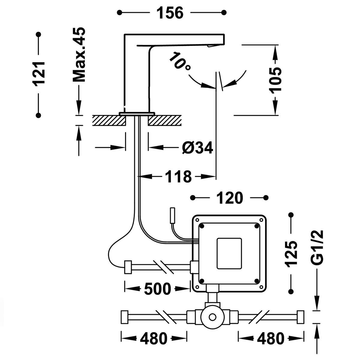 Torneira eletrónica L com design curvo e sistema de pré-mistura de lavatório da Série Electrónica