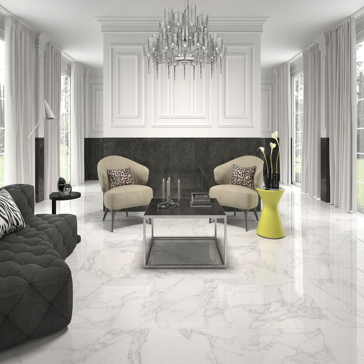 Sala con pavimento Crystal White