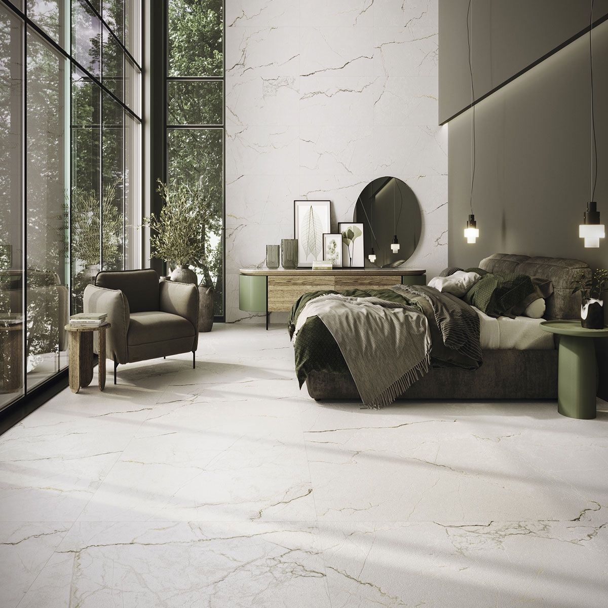 Interior con pavimento Colbert White Mate 120x120