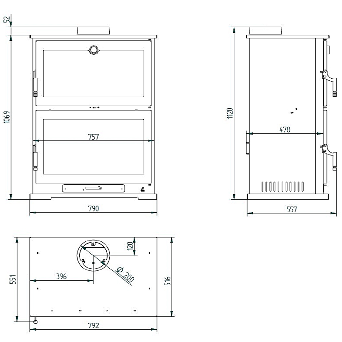 Estufa de leña frontal con horno CH-9 (Nuevo modelo) esquema medidas