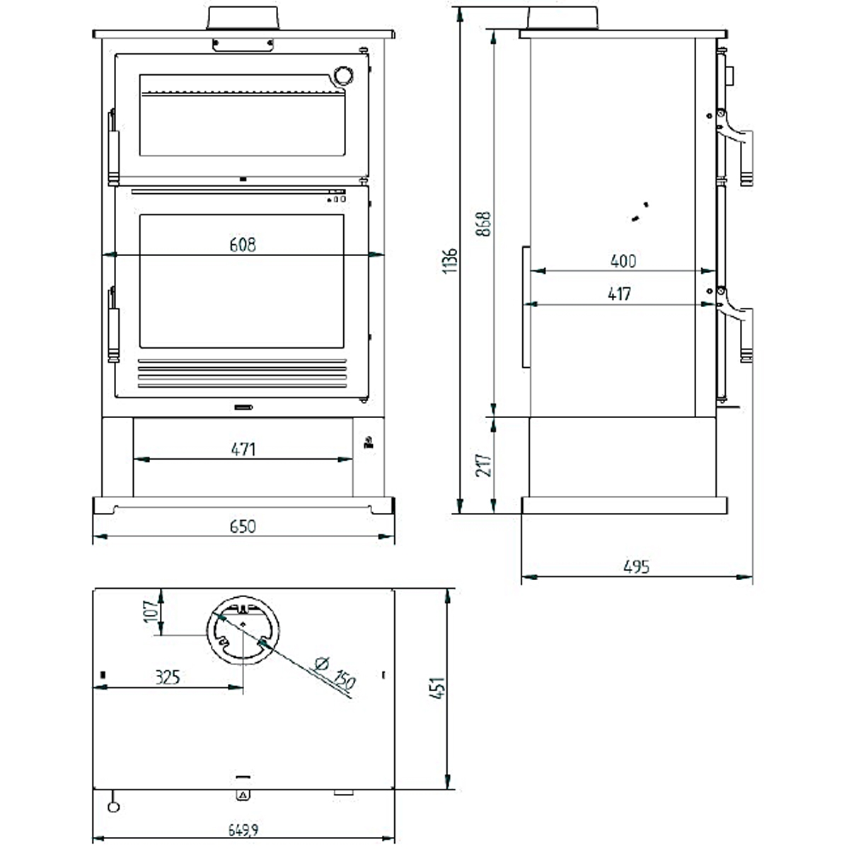 Estufa de leña frontal con horno CH-8 esquema medidas