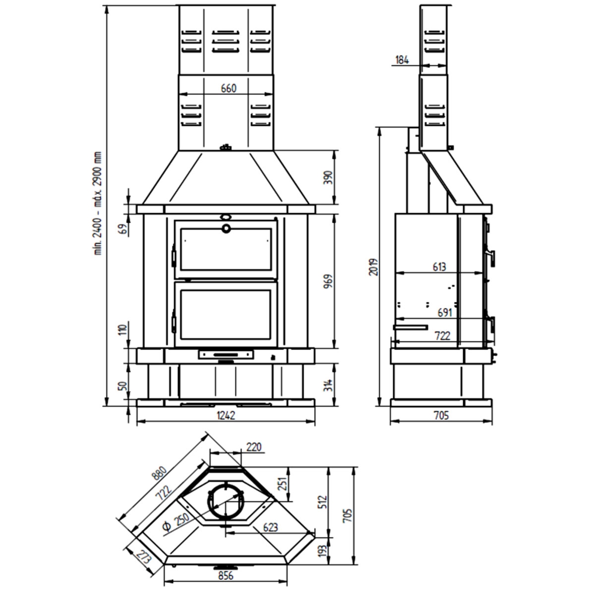 Chimenea de leña de rincón con horno C-200 RH medidas