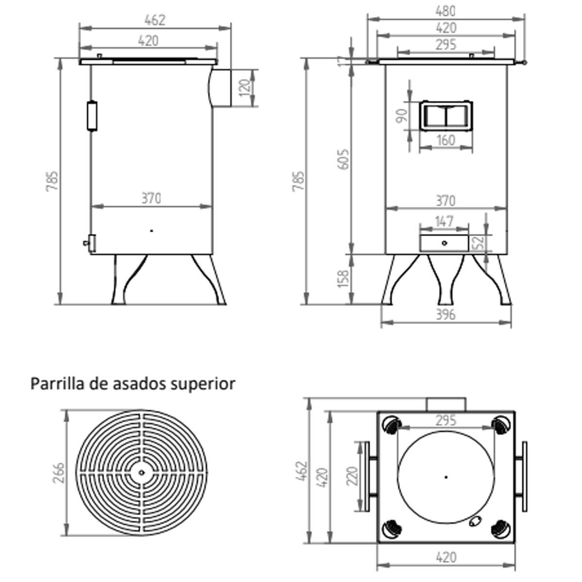 Estufa de leña frontal BH-7 medidas