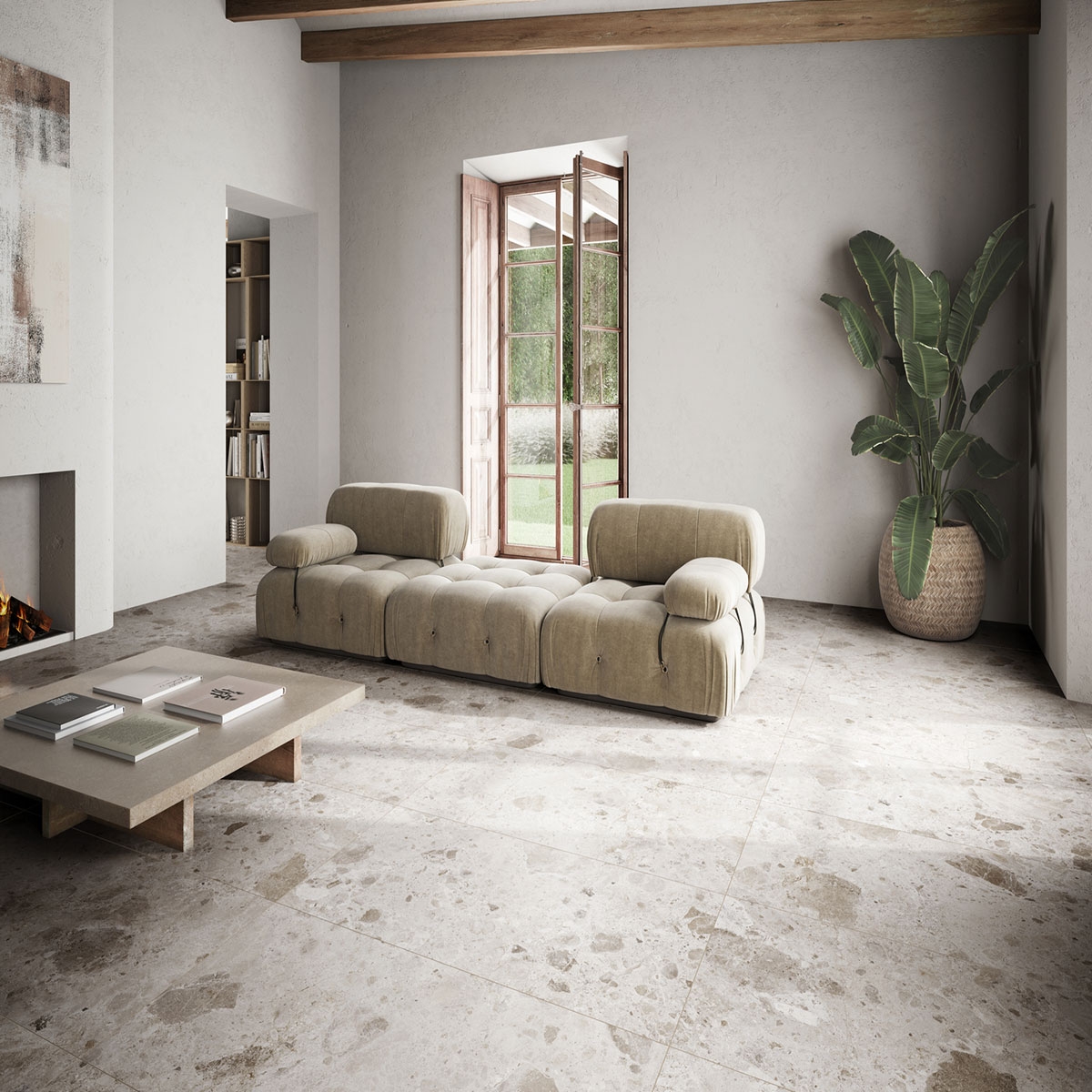 Interior con pavimento Petra Taupe 60x120