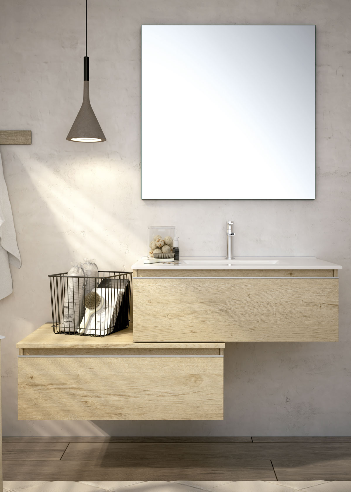 mueble de baño color madera con espejo