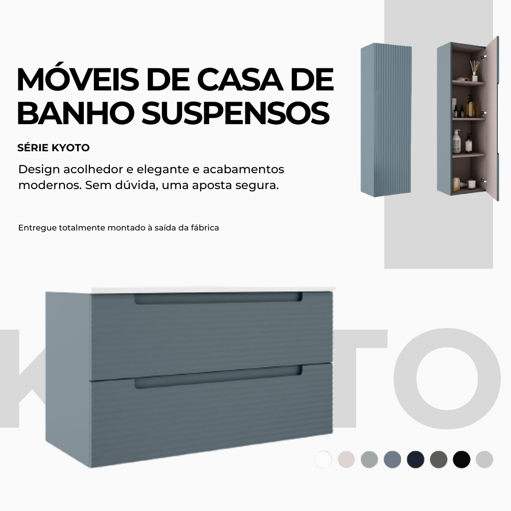 Conjunto de móvel de casa de banho azul e prateleiras de casa de banho azuis