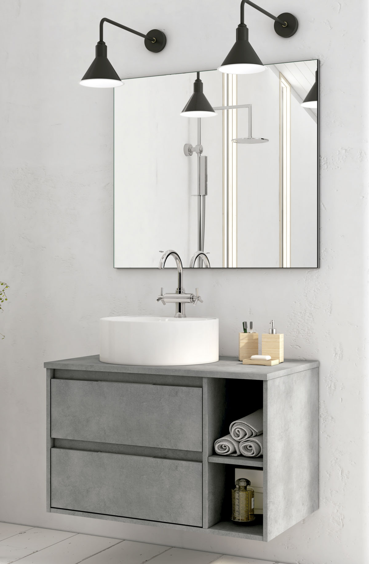móvel de casa de banho em cor de cimento e elevado com espelho