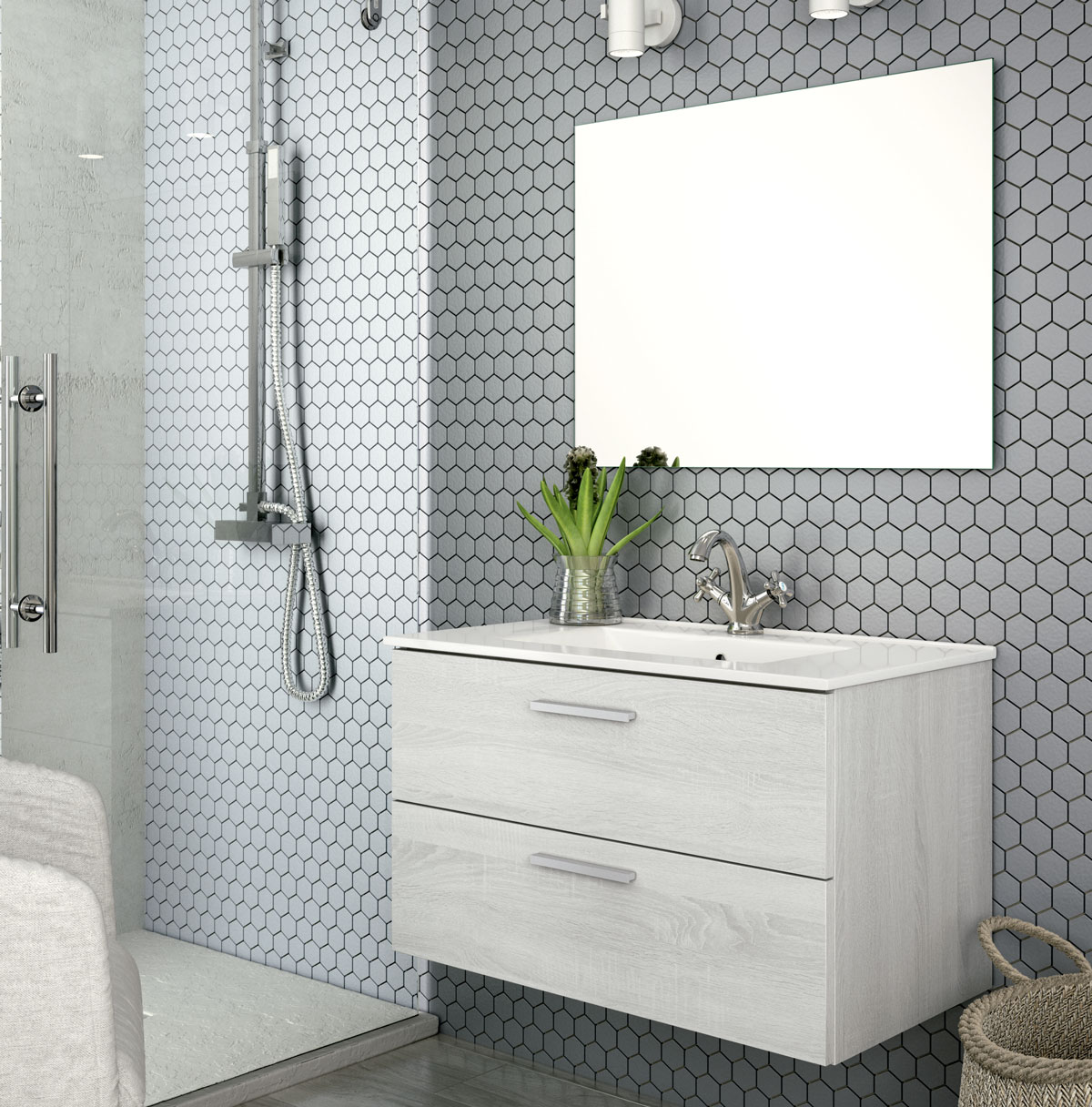mueble de baño suspendido color ceniza con espejo